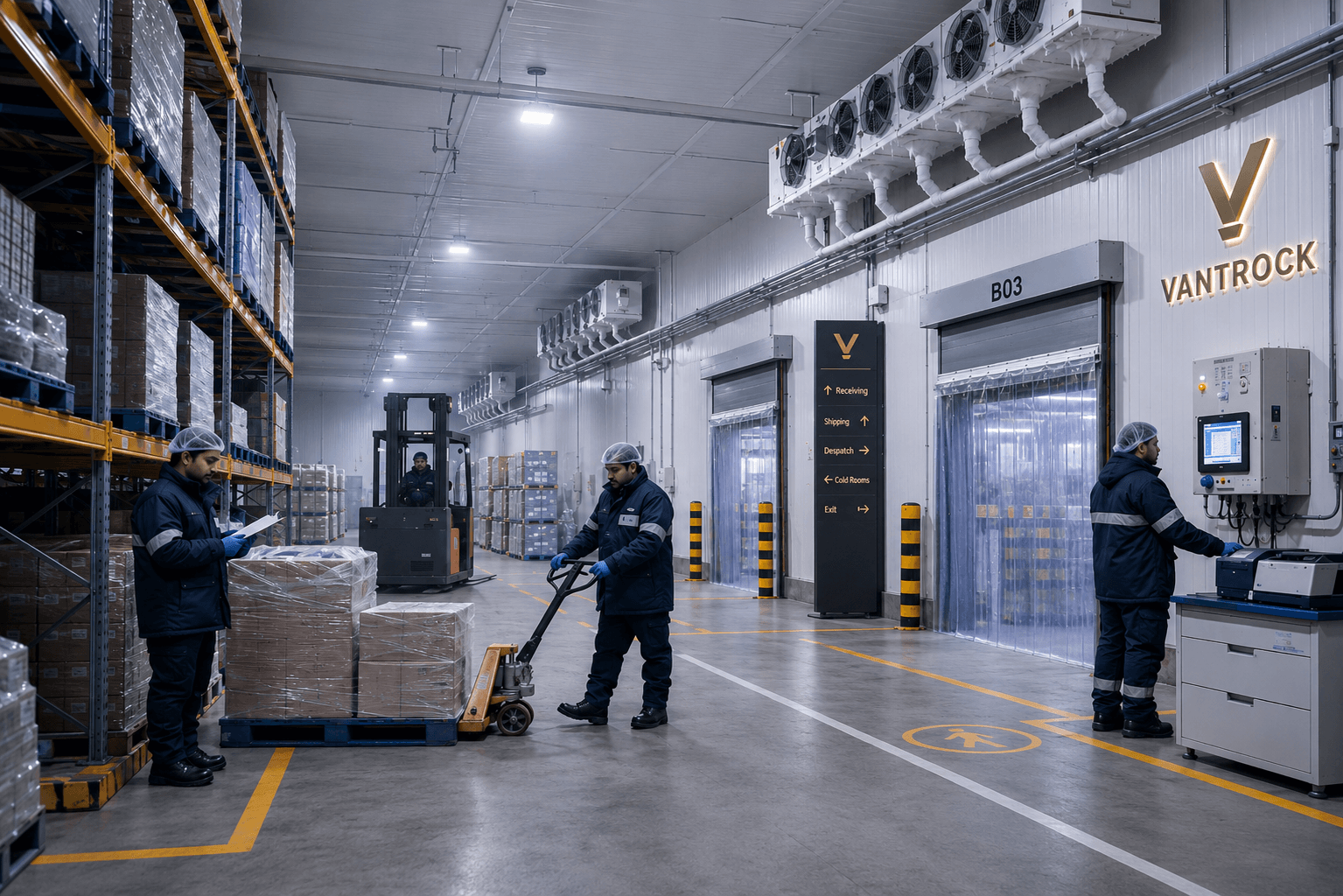Cold storage interior with evaporator units, insulated dock doors and operators moving palletised stock