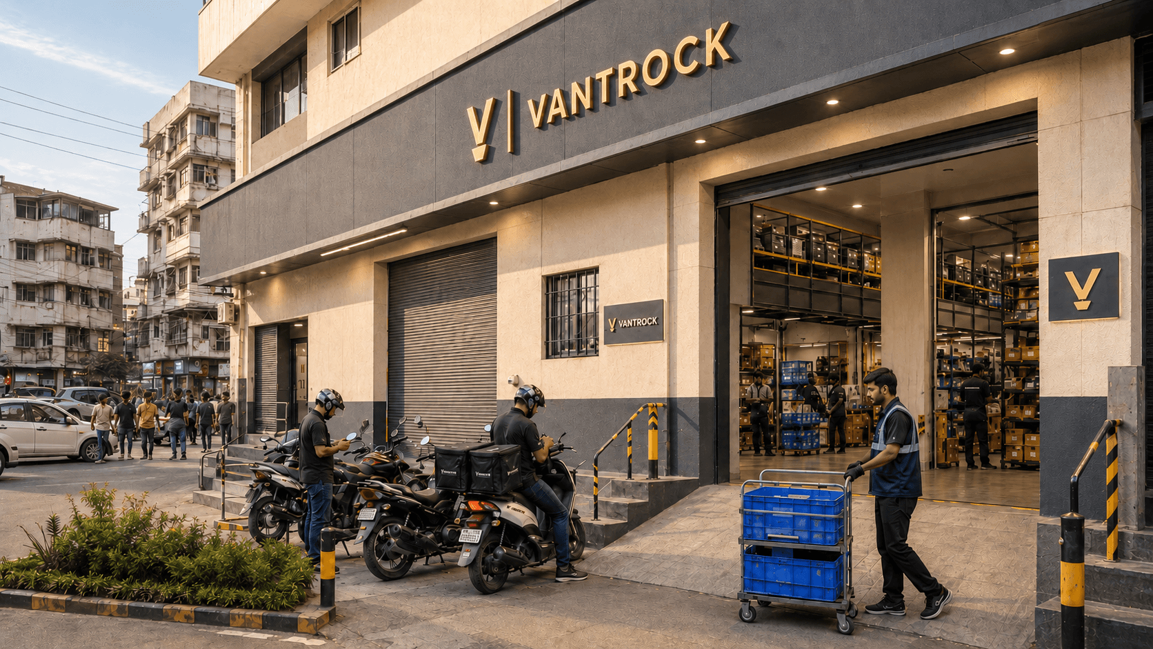 Street level dark store at dusk with delivery riders loading crates from an open roller shutter bay