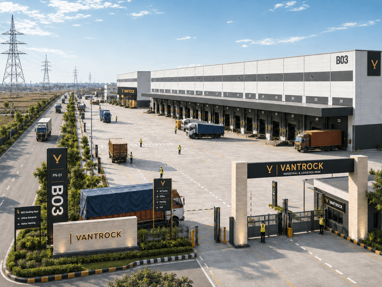 Grade A big box warehouse with a long dock line, wide truck court and trailers loading