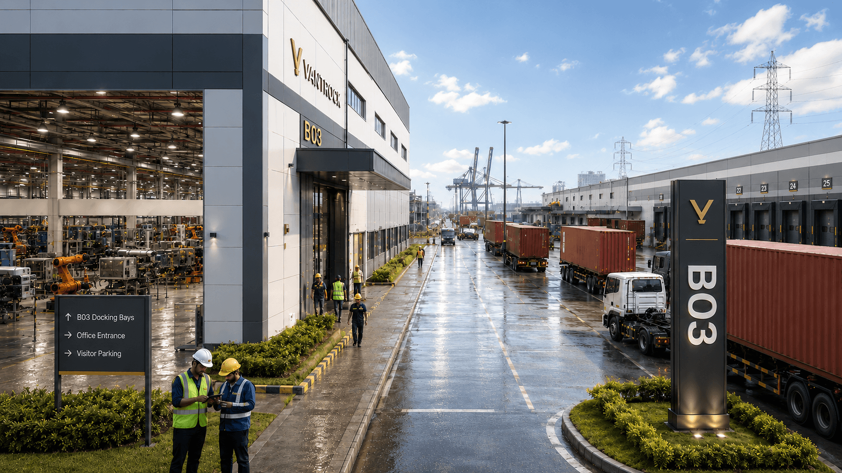 Build to suit manufacturing facility with production equipment inside and container trucks queued alongside a port road