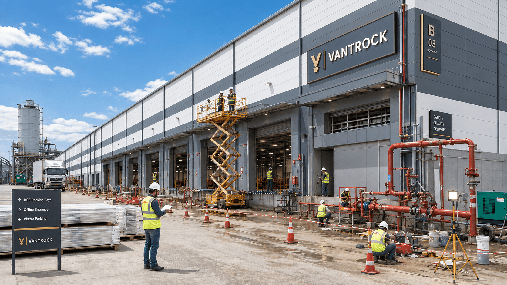 Existing warehouse being upgraded, with recladding underway, a scissor lift at the facade and new services being installed