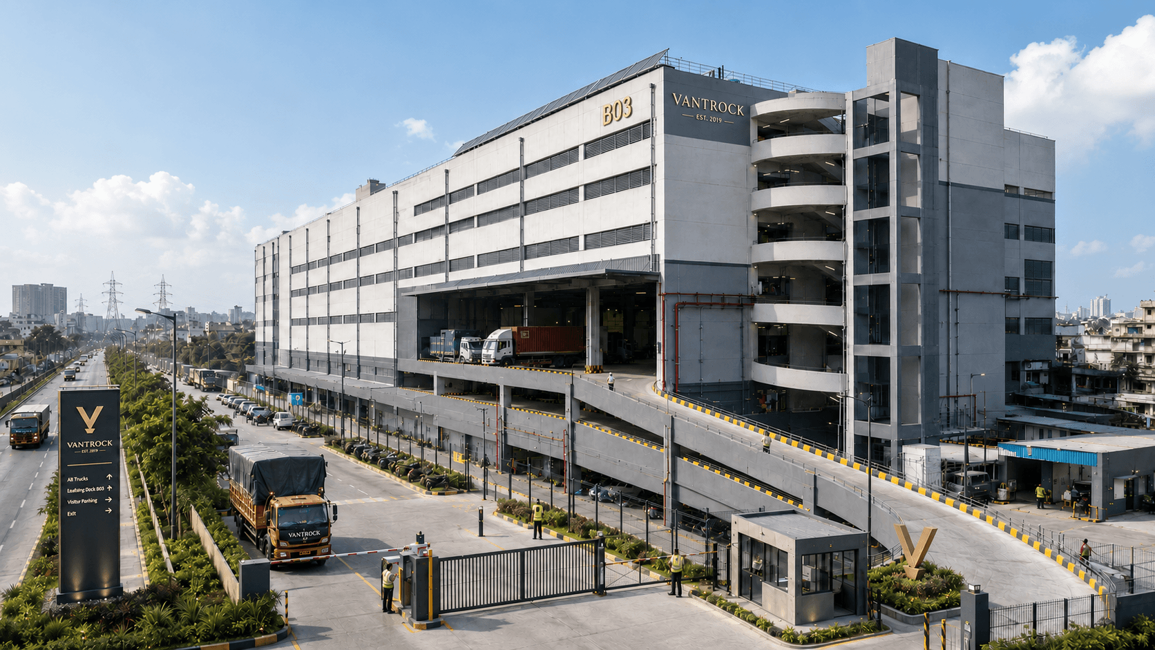 Multi storey urban warehouse with a spiral truck ramp and dock levels lit at dusk beside a city arterial road