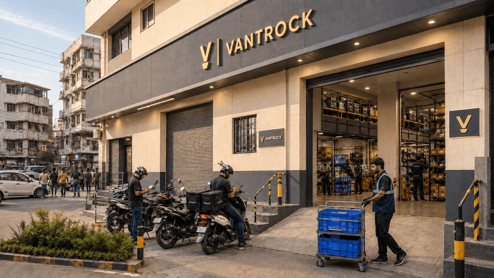 Street level dark store at dusk with delivery riders loading crates from an open roller shutter bay