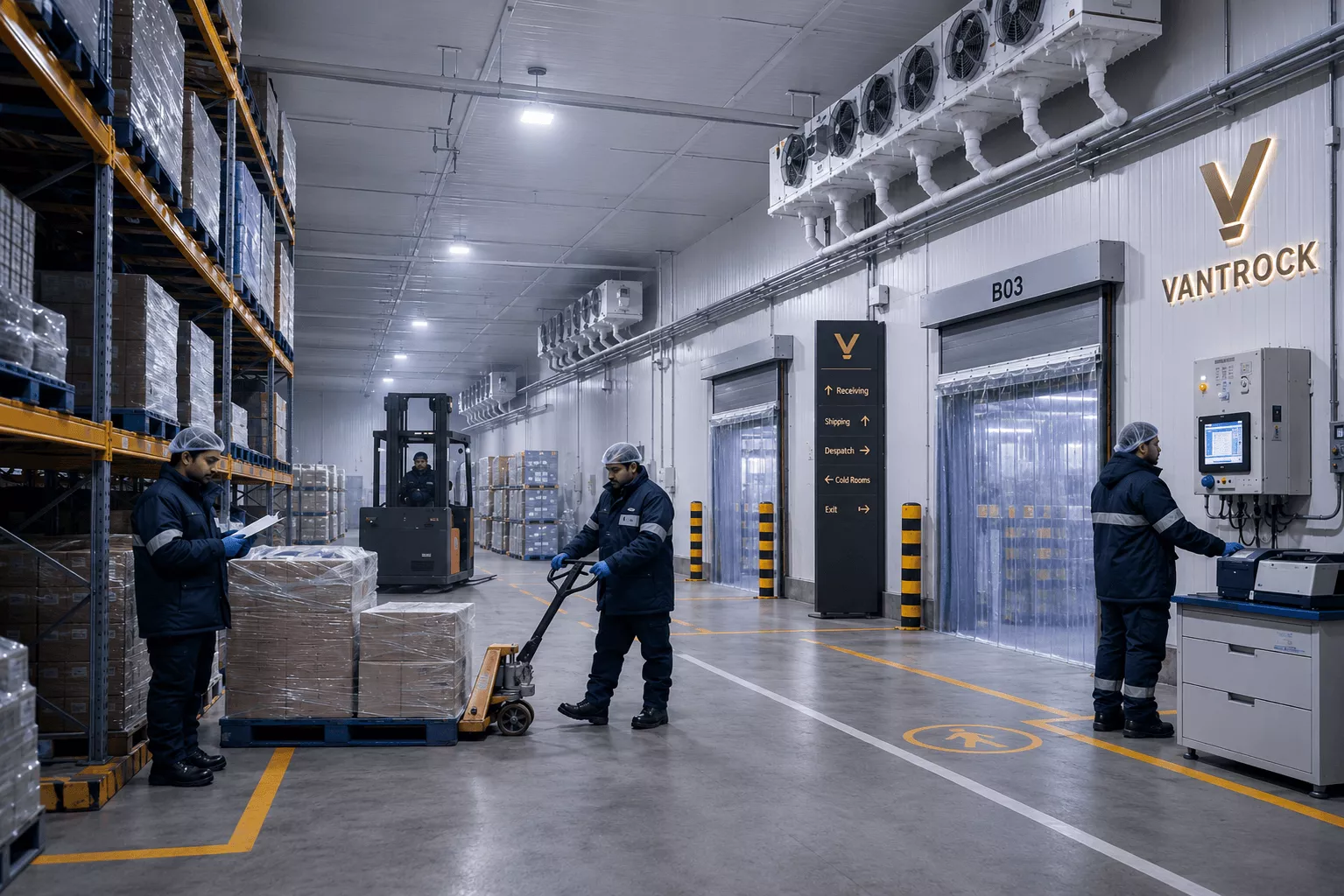 Cold storage interior with evaporator units, insulated dock doors and operators moving palletised stock