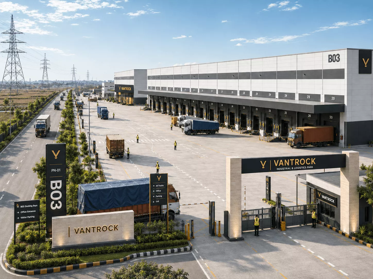 Grade A big box warehouse with a long dock line, wide truck court and trailers loading