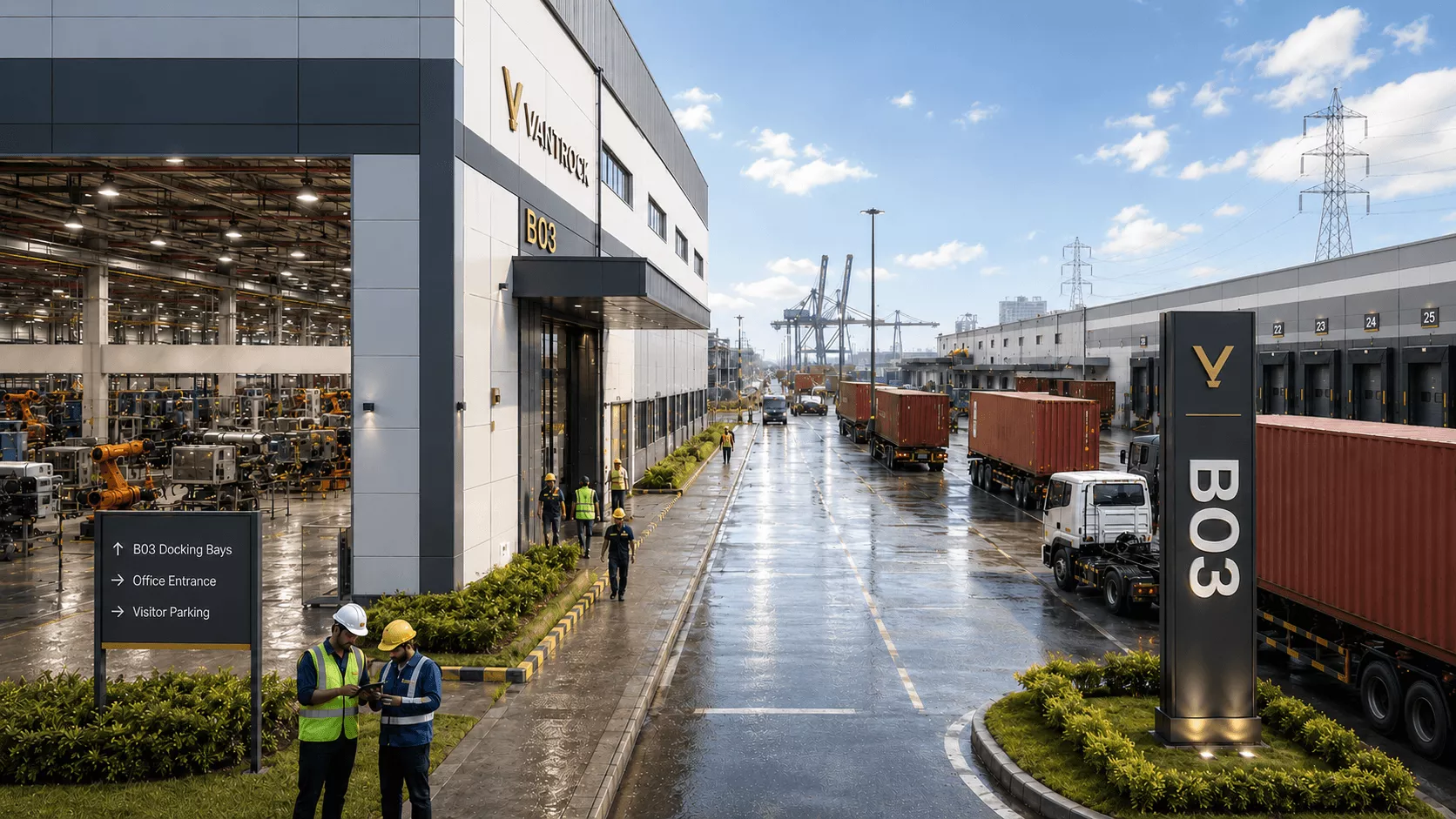 Build to suit manufacturing facility with production equipment inside and container trucks queued alongside a port road