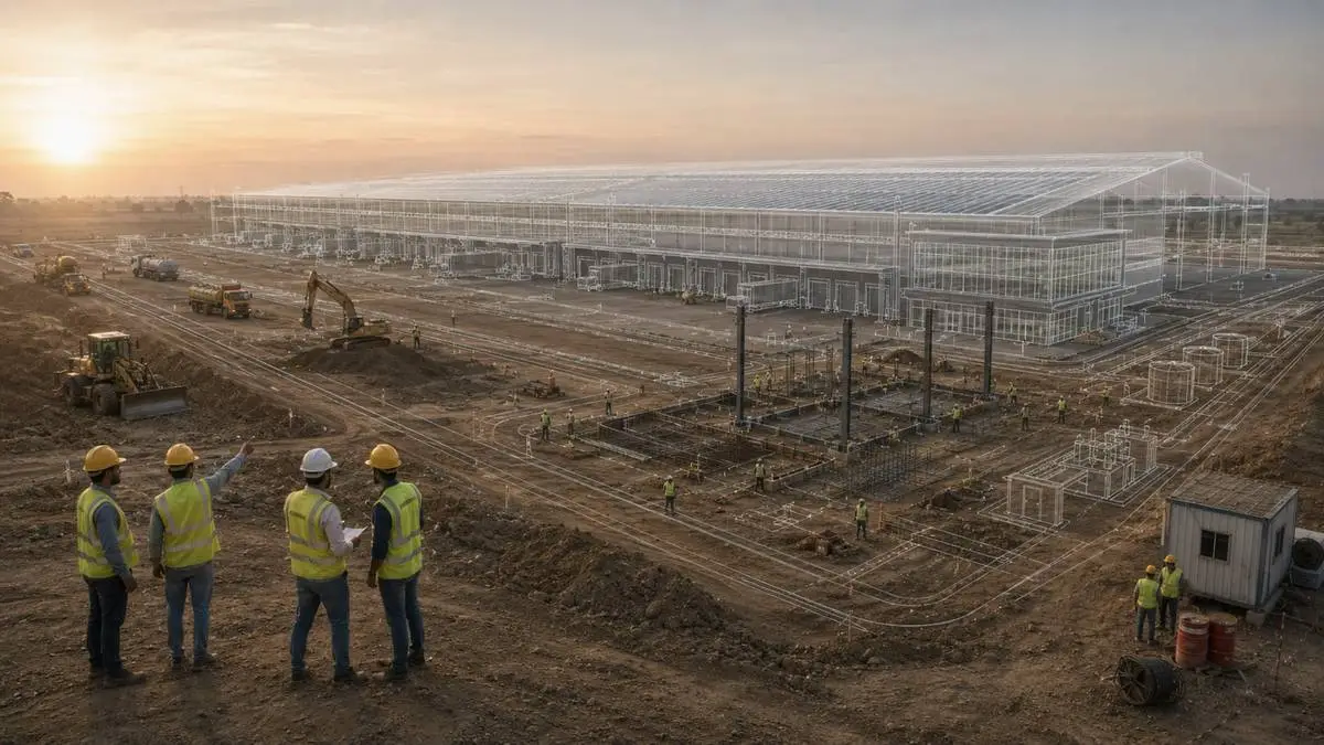 Serviced industrial land under development with laid out plot roads and a wireframe overlay of the planned facility