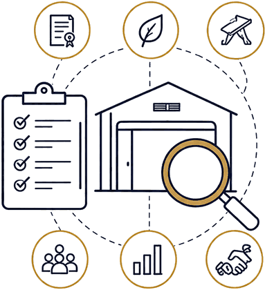 Checklist and warehouse under a magnifying glass, ringed by diligence icons
