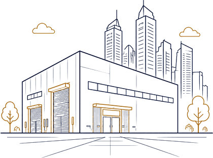 Operating warehouse with a delivery truck and a city skyline behind