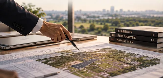 Site plans and feasibility, risk analysis and capital plan reports on a desk