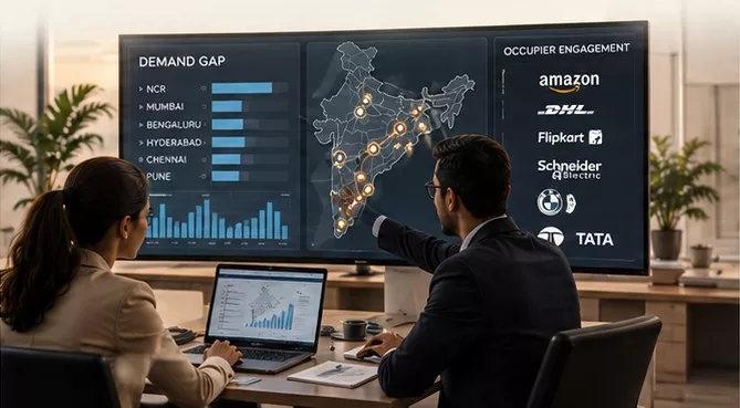 Analysts reviewing a demand gap dashboard by corridor and occupier engagement