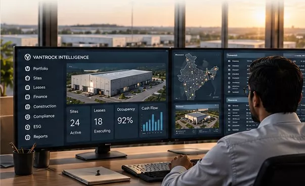 Vantrock Intelligence dashboard showing sites, leases, occupancy and cash flow