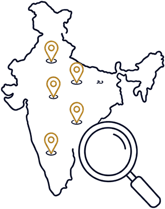 Map of India with location pins and a magnifying glass